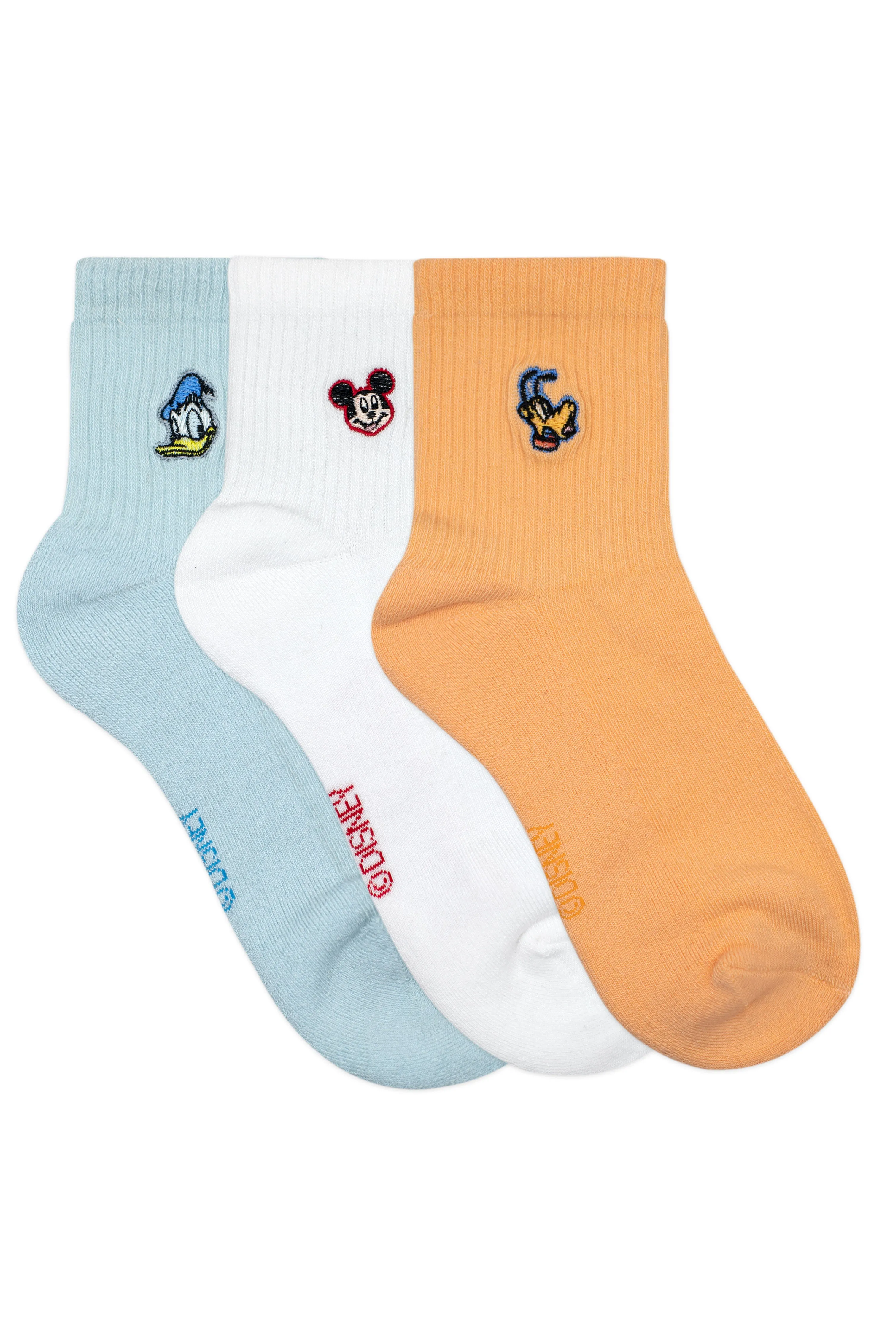 Balenzia x Disney Mickey ,Donald & Pluto Embroidered Half Cushioned High Ankle Socks for Women (Pack of 3 Pairs/1U)(Free Size) Orange,White & Blue