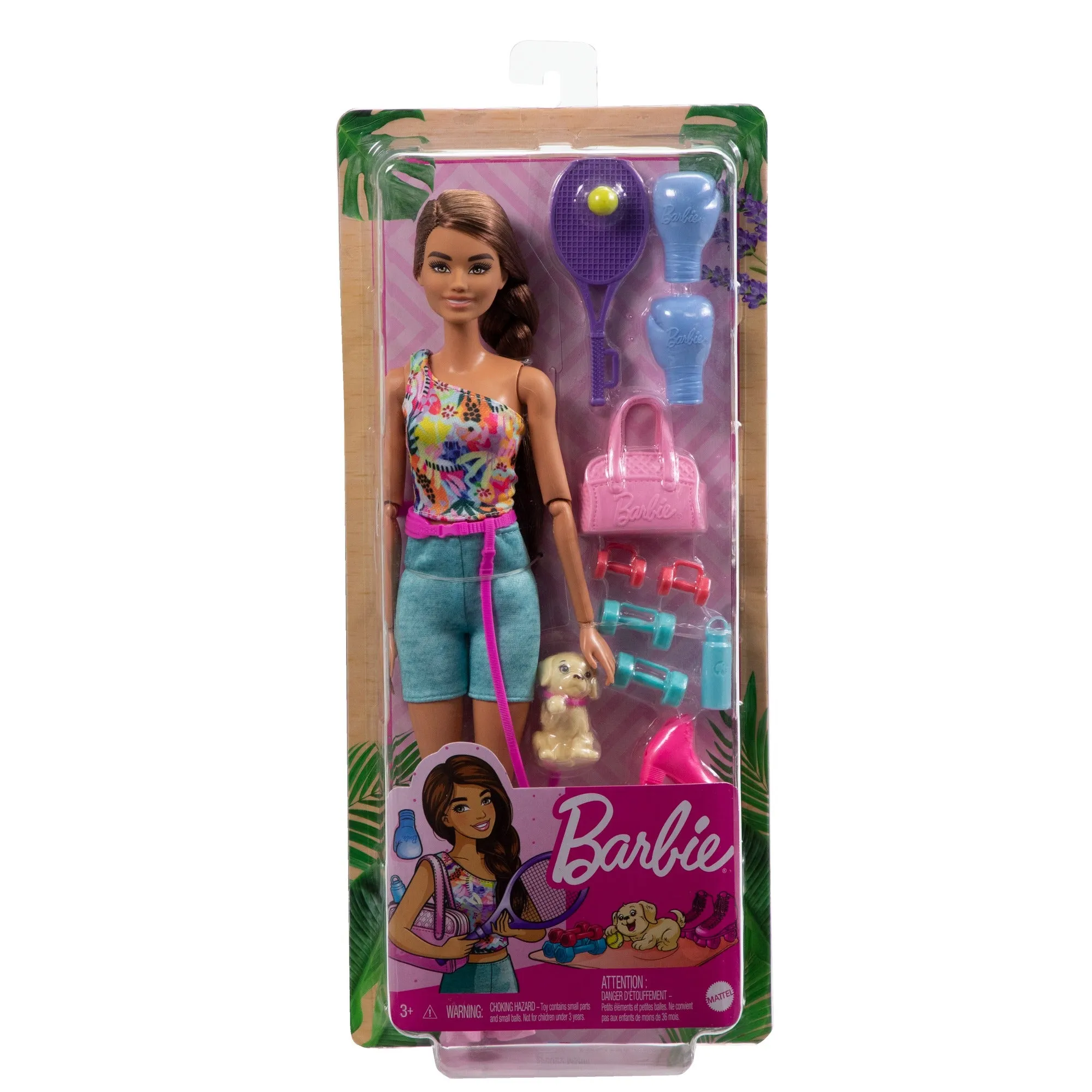 Barbie Wellness Doll Playset with Brunette Doll with Pet Puppy, Barbie Sets, Workout Theme with Accessories, Self-Care Series, Roller Skates and Tennis for Kids Ages 3 