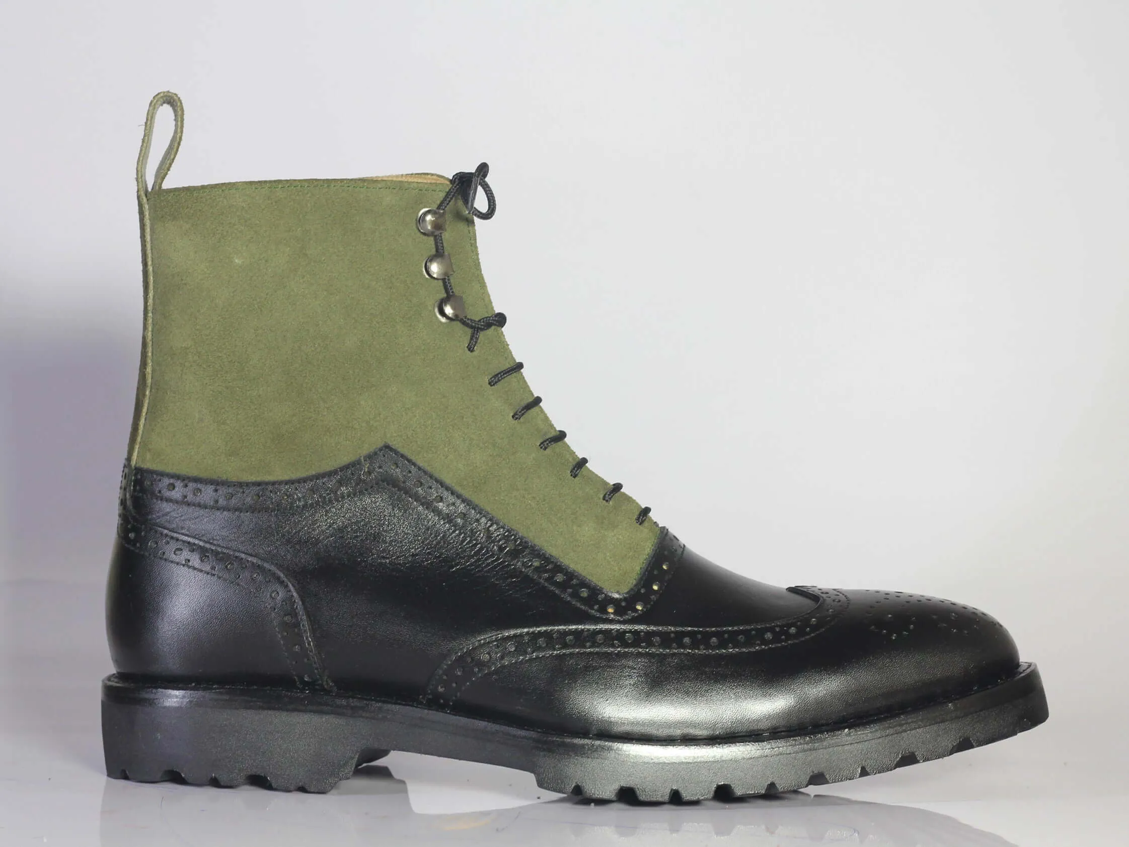 Bespoke Olive Green Black Leather Suede High Ankle Wing Tip  Boots