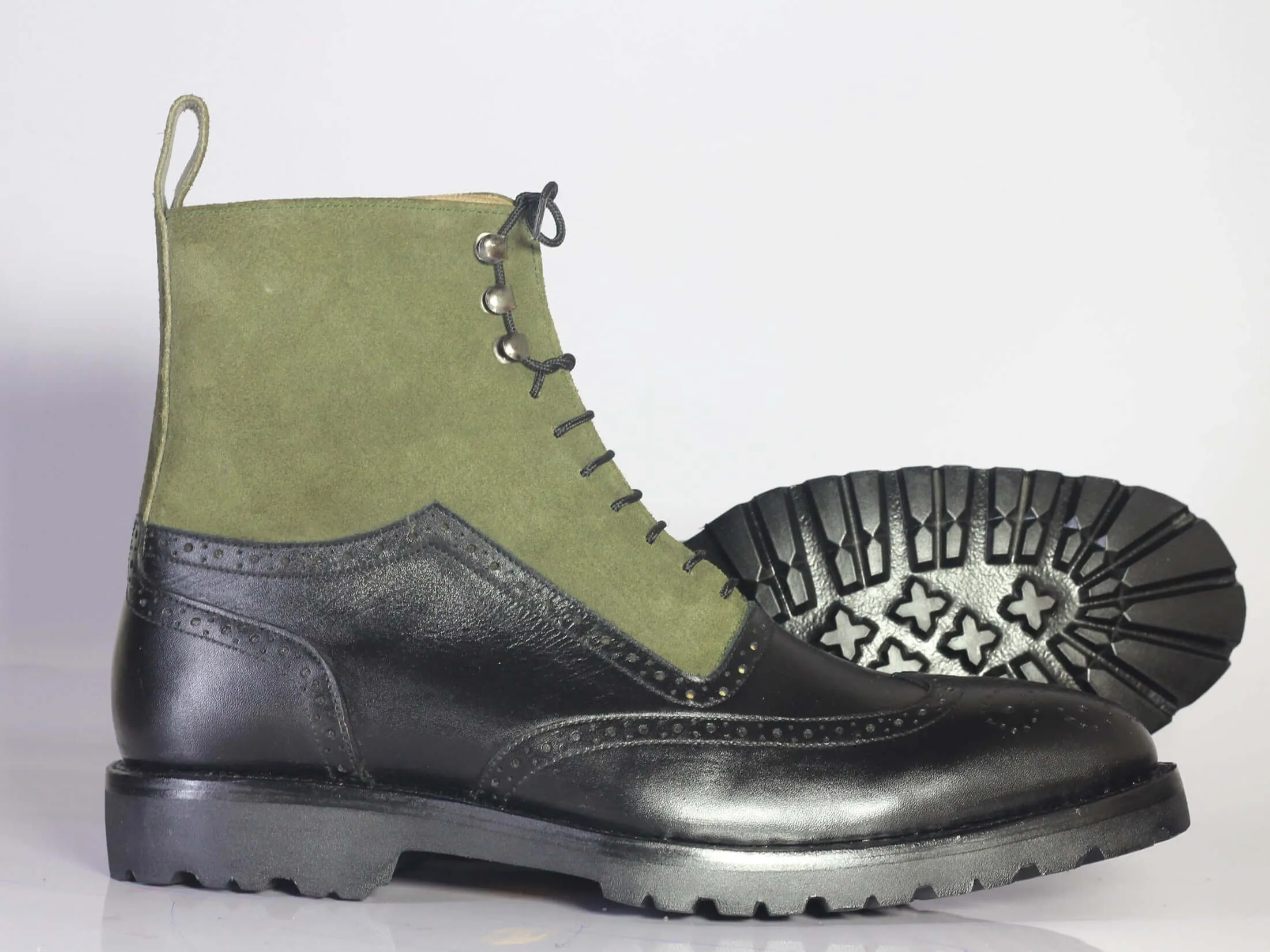 Bespoke Olive Green Black Leather Suede High Ankle Wing Tip  Boots