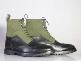 Bespoke Olive Green Black Leather Suede High Ankle Wing Tip  Boots