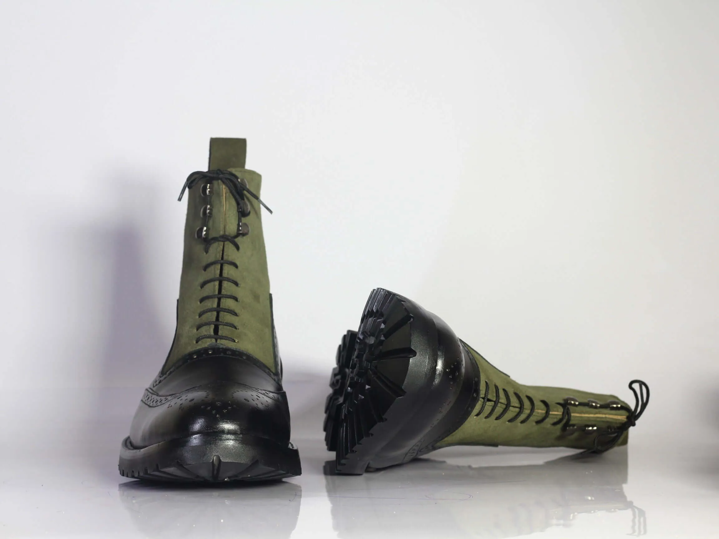 Bespoke Olive Green Black Leather Suede High Ankle Wing Tip  Boots