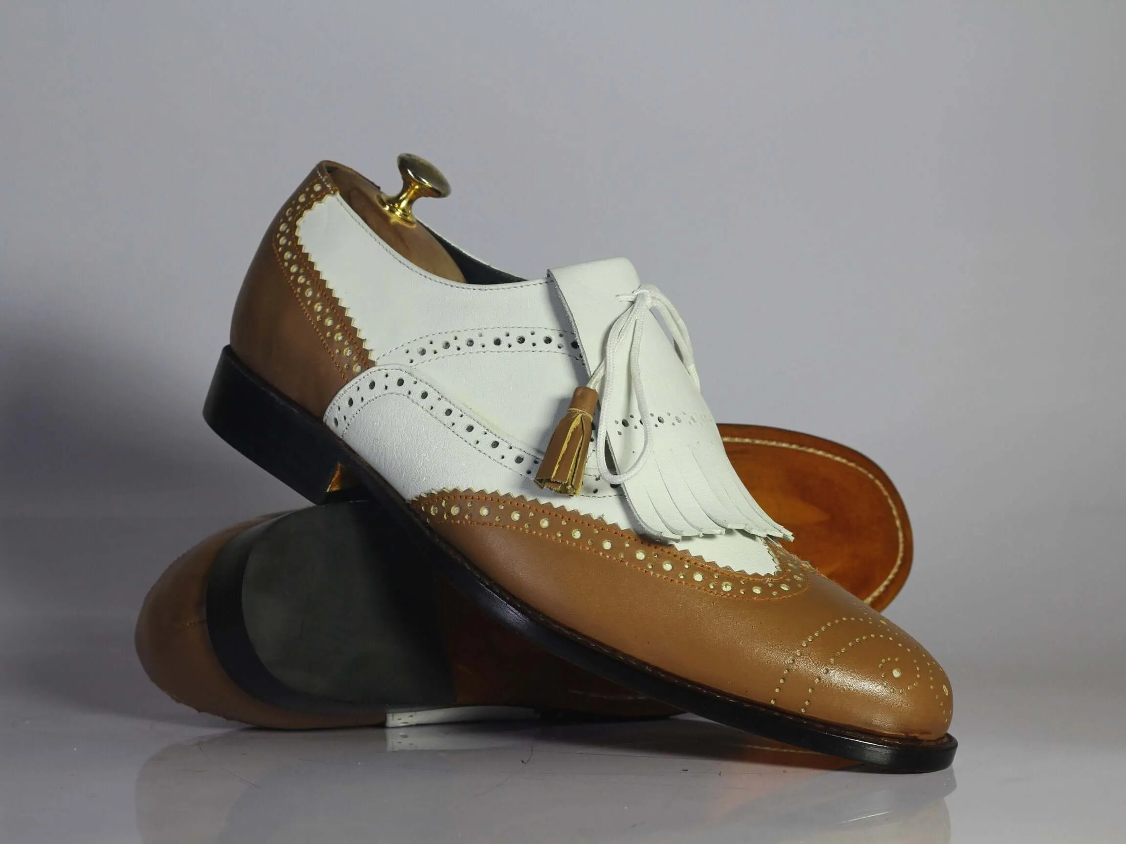 Bespoke White & Brown Wing Tip Brogue Fringe Shoes for Men's