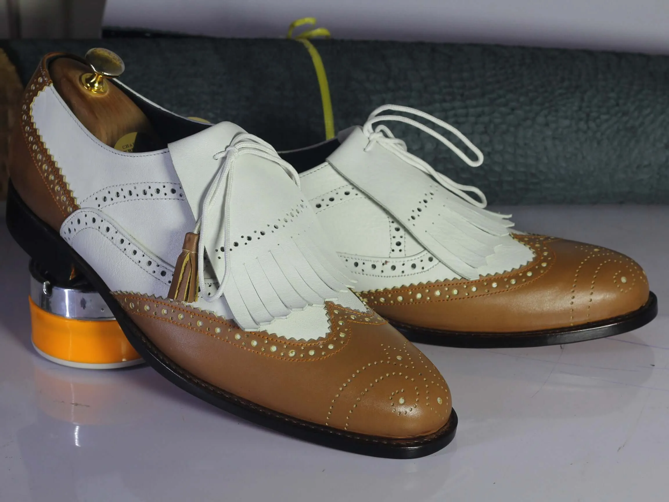 Bespoke White & Brown Wing Tip Brogue Fringe Shoes for Men's