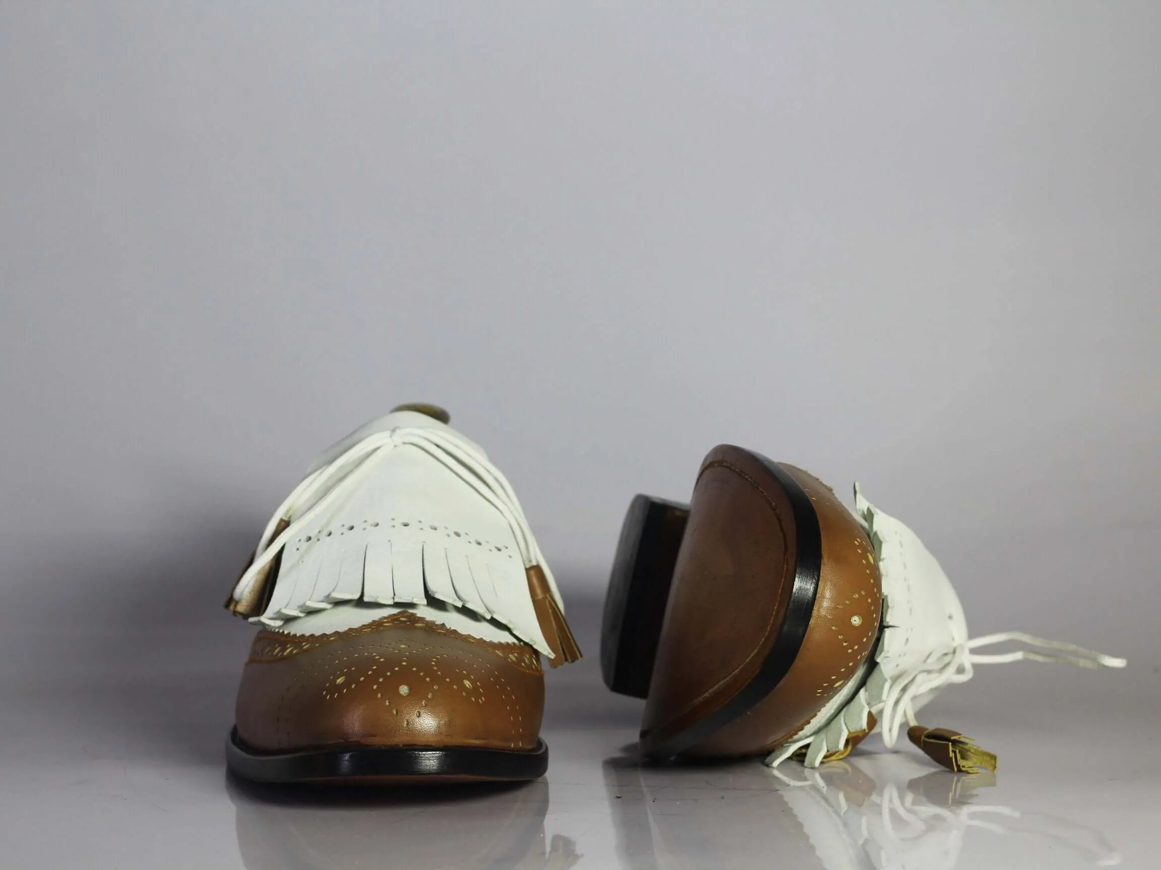 Bespoke White & Brown Wing Tip Brogue Fringe Shoes for Men's