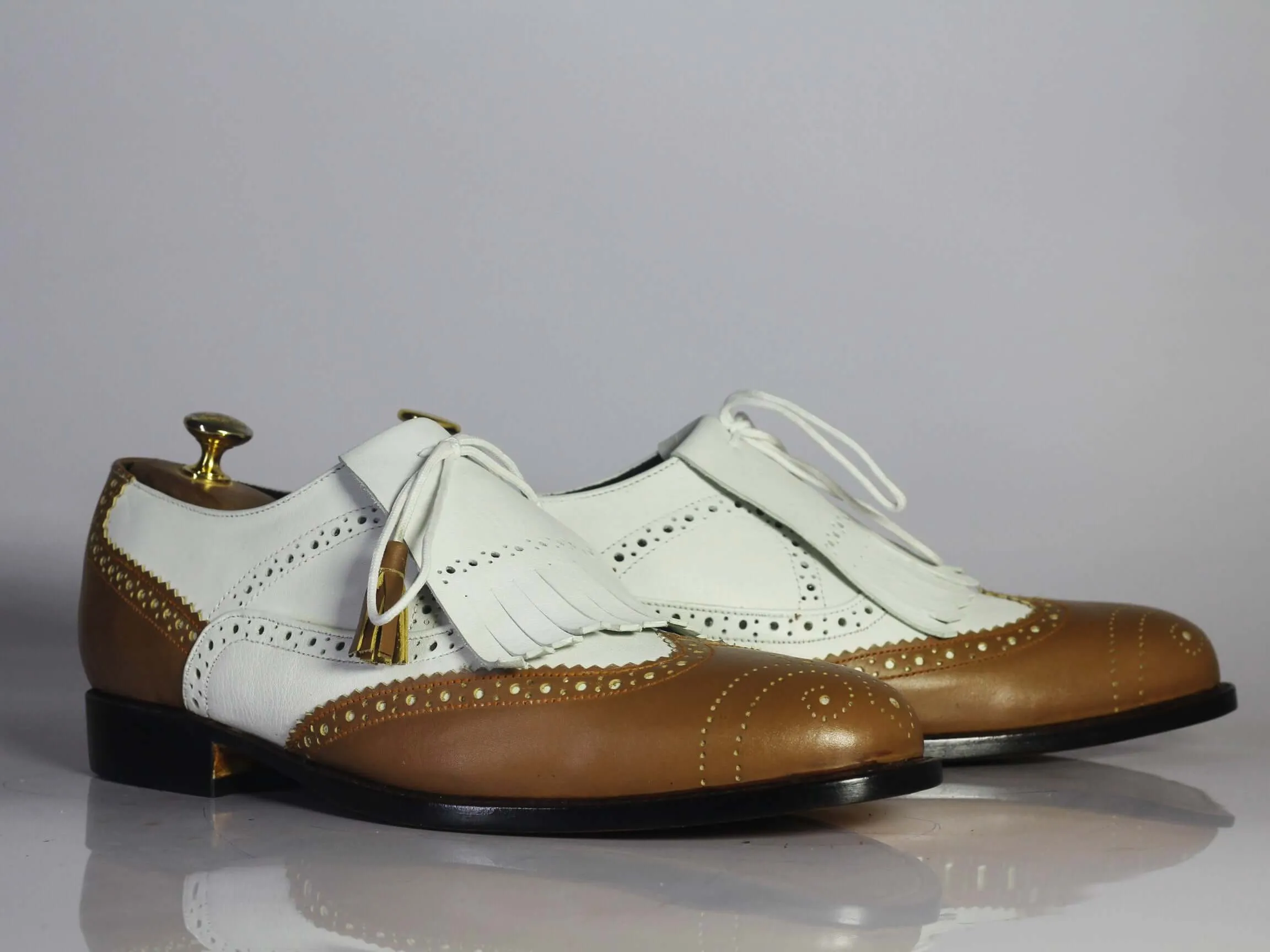 Bespoke White & Brown Wing Tip Brogue Fringe Shoes for Men's