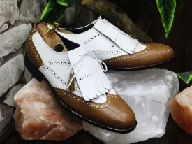 Bespoke White & Brown Wing Tip Brogue Fringe Shoes for Men's