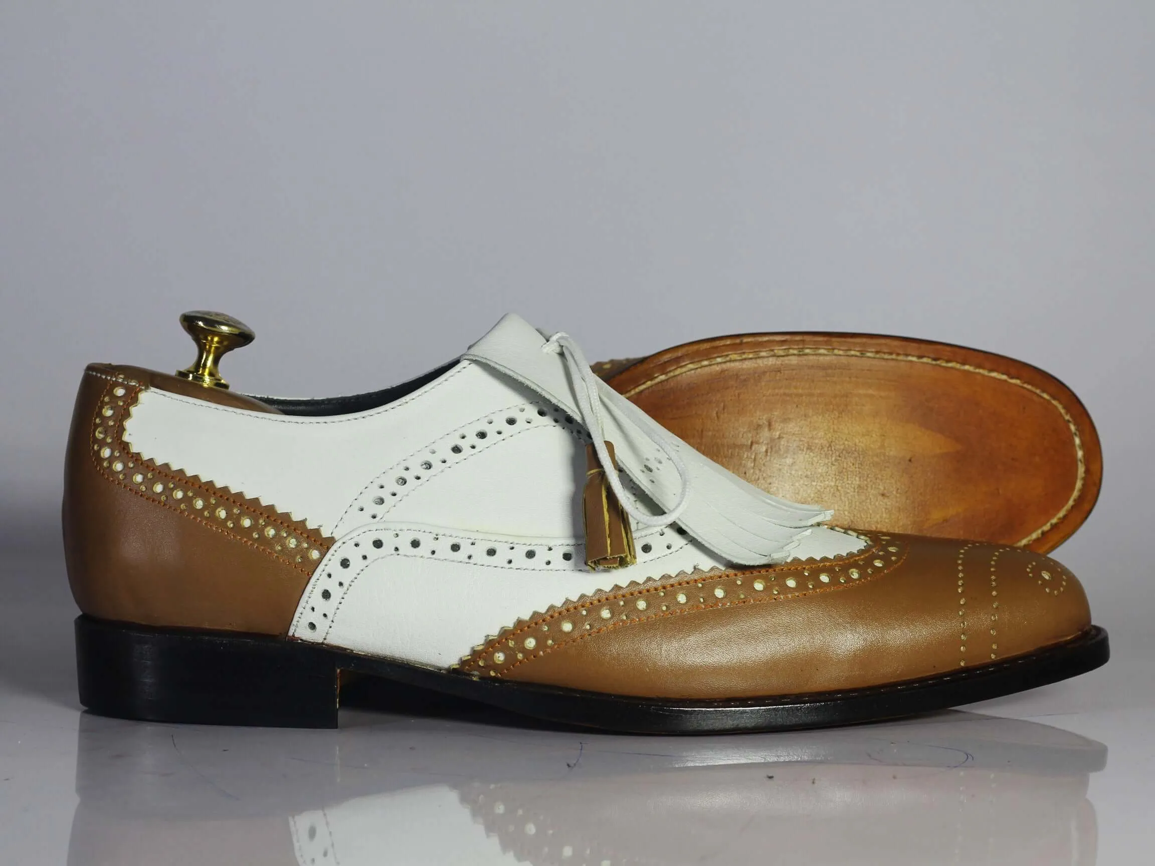 Bespoke White & Brown Wing Tip Brogue Fringe Shoes for Men's