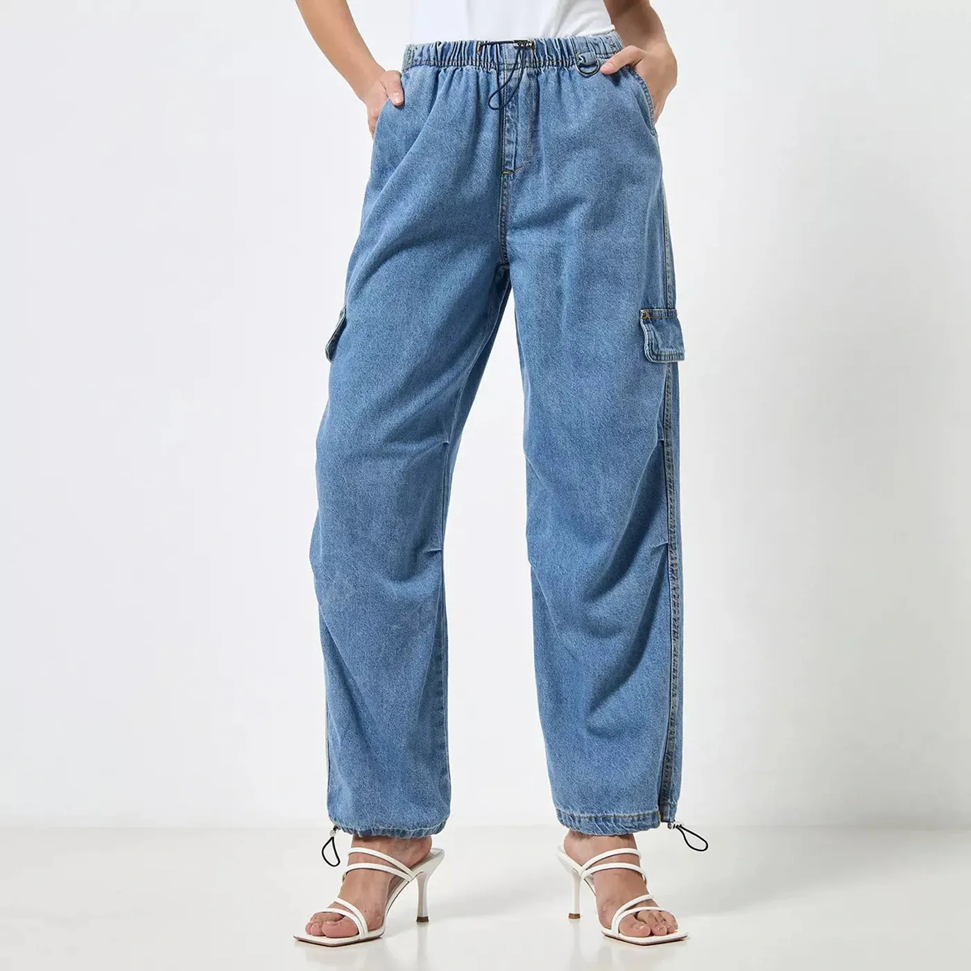 Blue Plain Parachute Cargo Jeans