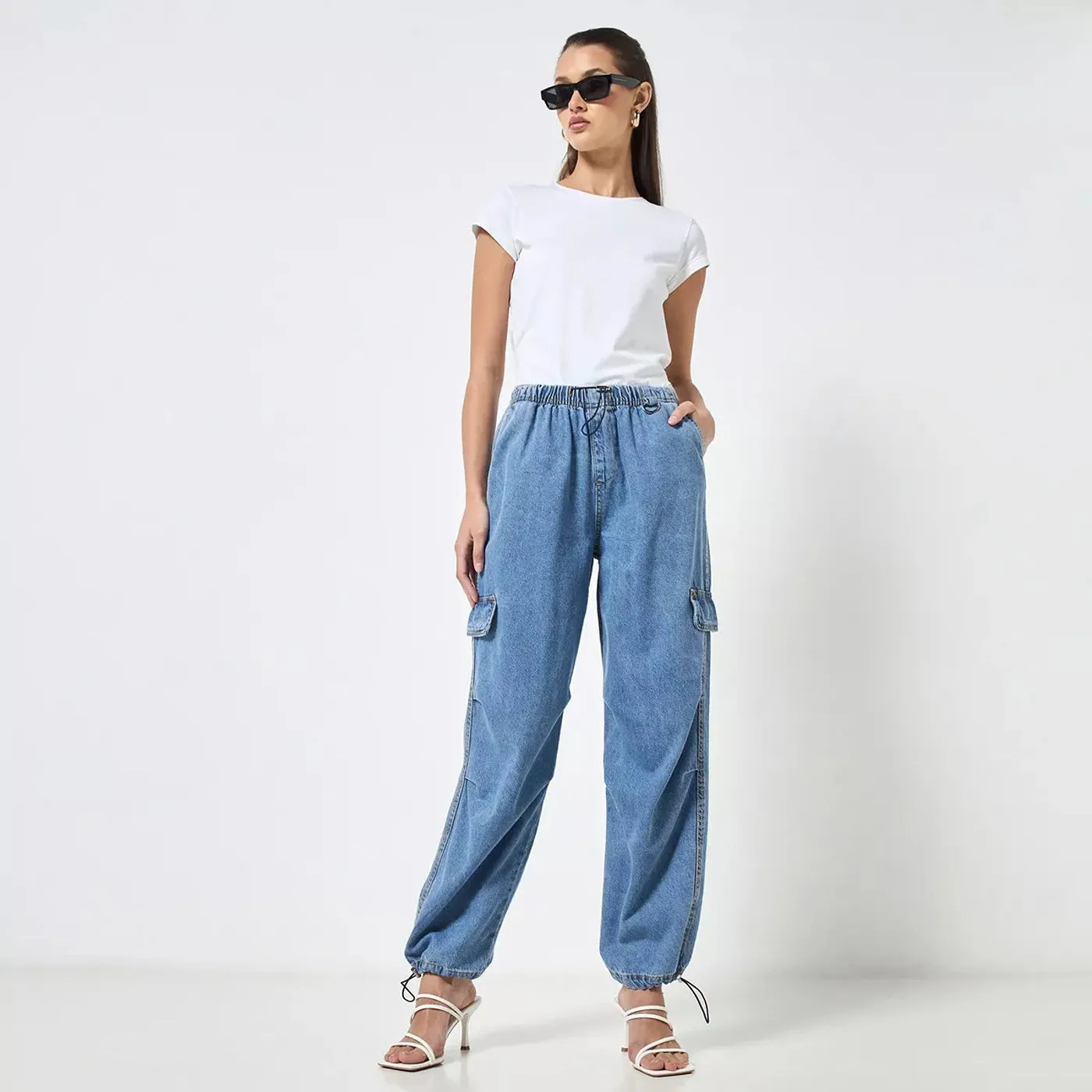 Blue Plain Parachute Cargo Jeans