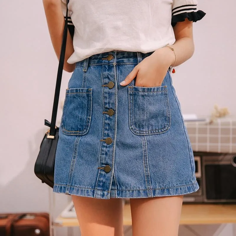 Button High Waist A-line Mini Denim Skirts With Strap