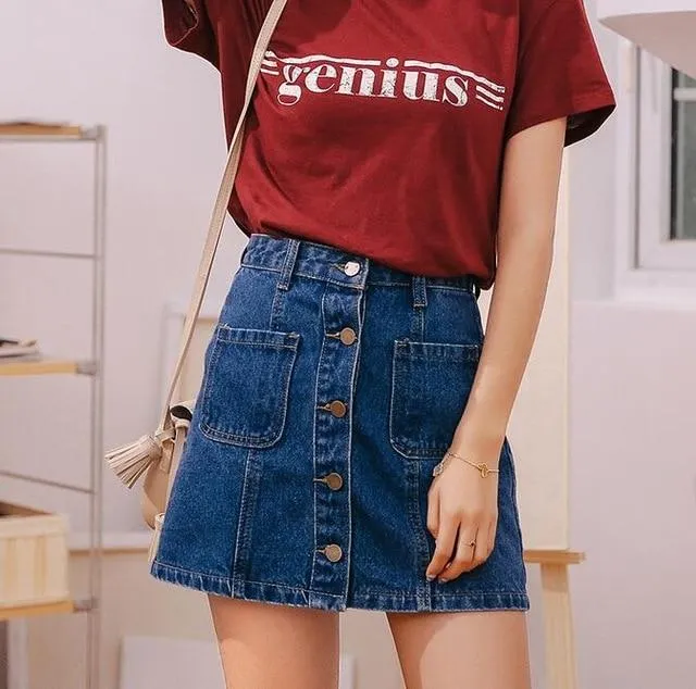 Button High Waist A-line Mini Denim Skirts With Strap