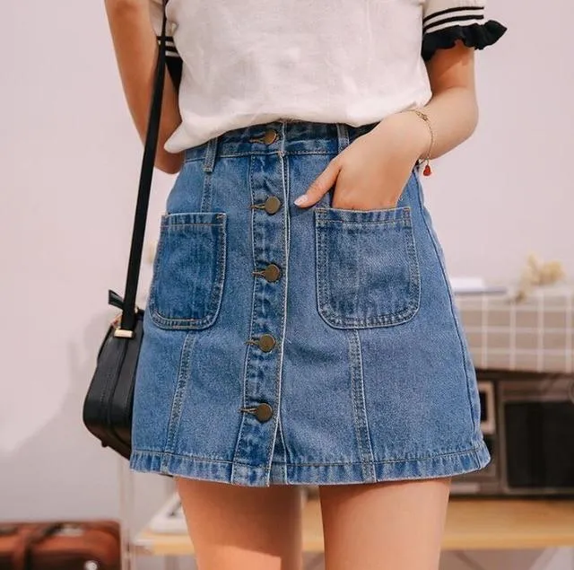 Button High Waist A-line Mini Denim Skirts With Strap