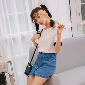 Button High Waist A-line Mini Denim Skirts With Strap