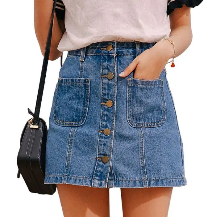 Button High Waist A-line Mini Denim Skirts With Strap