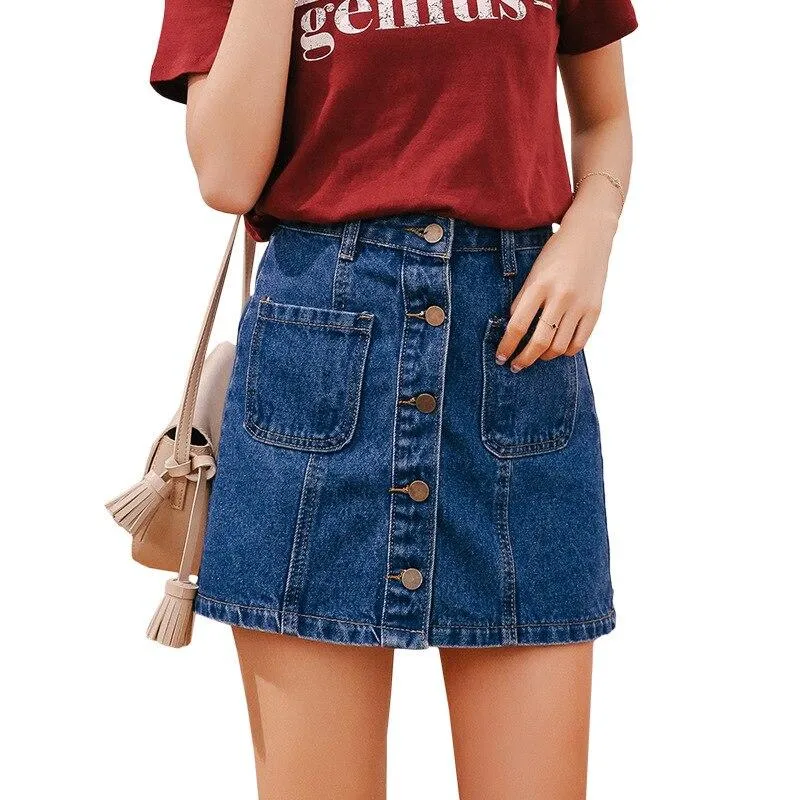 Button High Waist A-line Mini Denim Skirts With Strap