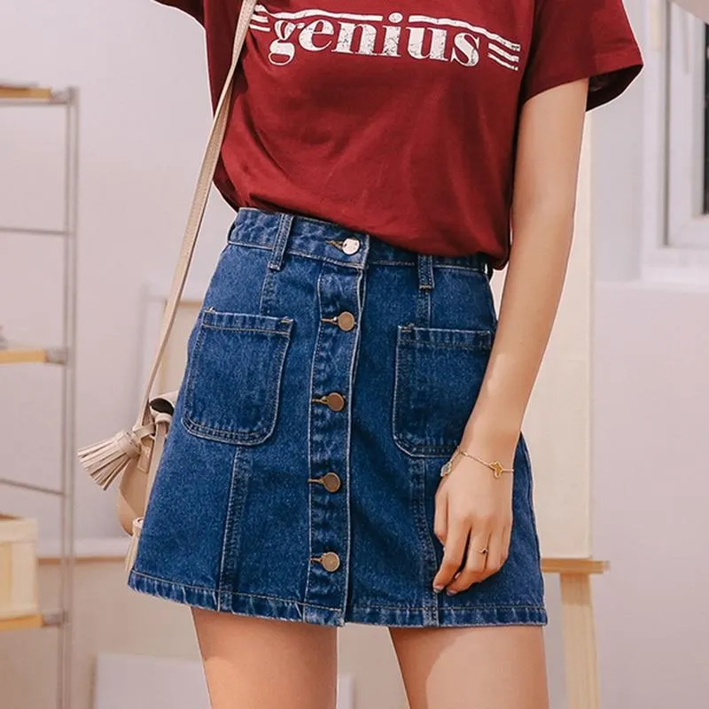 Button High Waist A-line Mini Denim Skirts With Strap