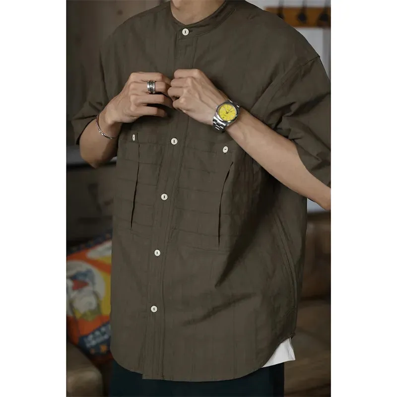 Casual Banded Collar Shirt for Men with Short Sleeves