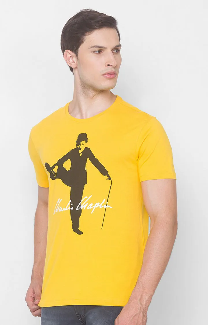 Charlie Chaplin Spykar Men Chrome Yellow Cotton Slim Fit Round Neck Printed T-Shirt