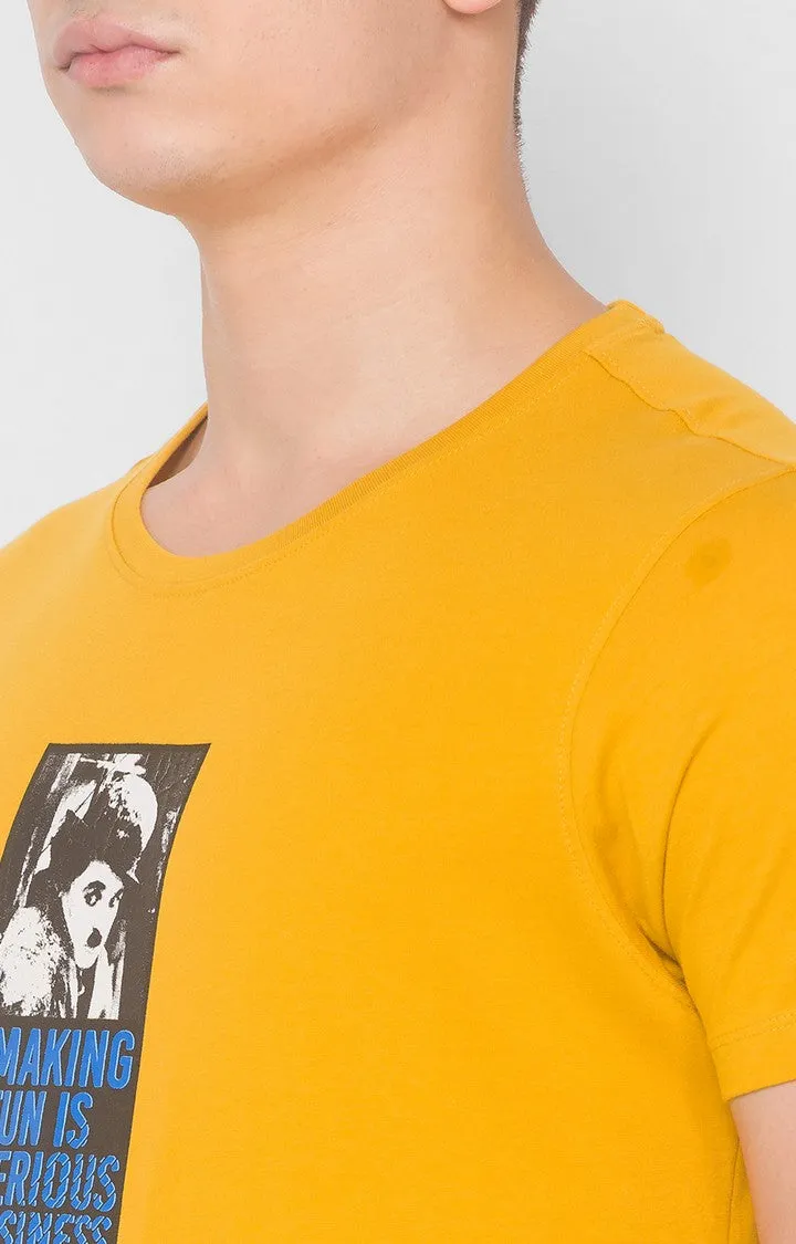 Charlie Chaplin Spykar Men Mustard Blended Slim Fit Printed Round Neck Tshirt