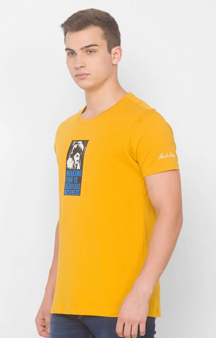 Charlie Chaplin Spykar Men Mustard Blended Slim Fit Printed Round Neck Tshirt