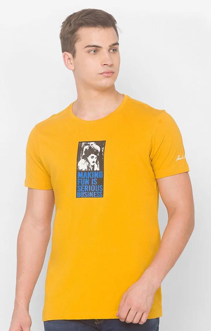 Charlie Chaplin Spykar Men Mustard Blended Slim Fit Printed Round Neck Tshirt