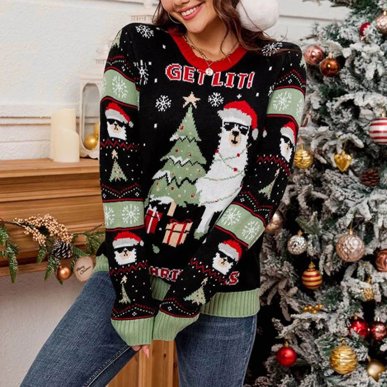 Christmas Jacquard Knitted Pullover with LED Lights - Casual Fashion Sweater