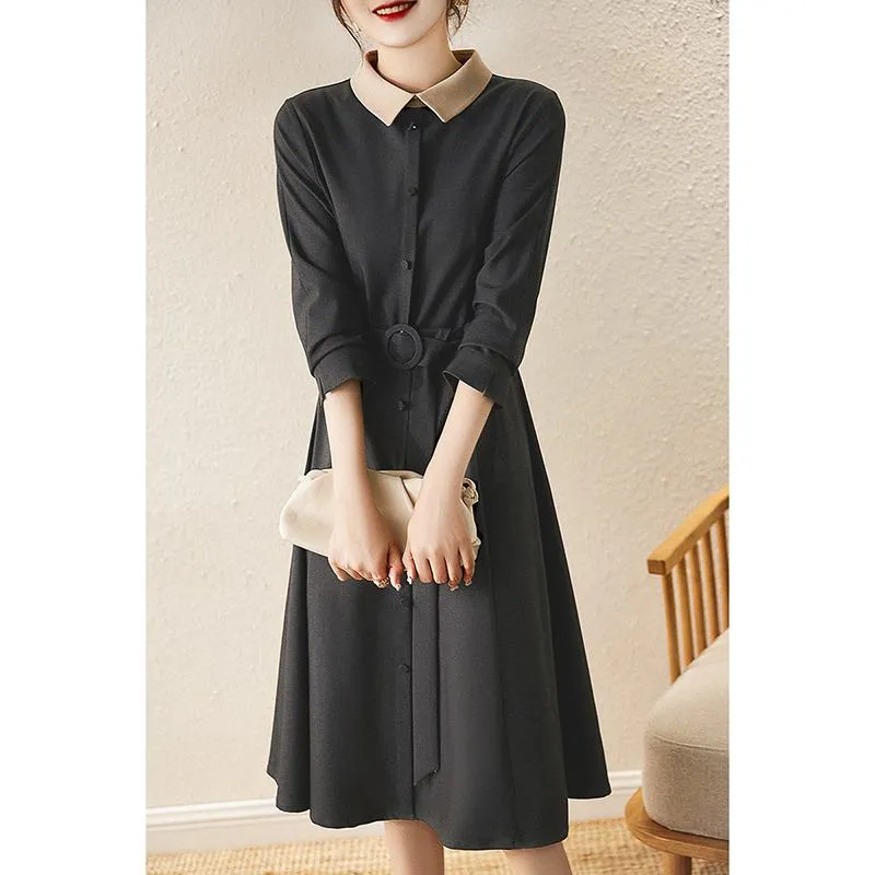 Collar Retro Color-Blocking Waist Belt A-Line Slimming Cinched Waist Dress