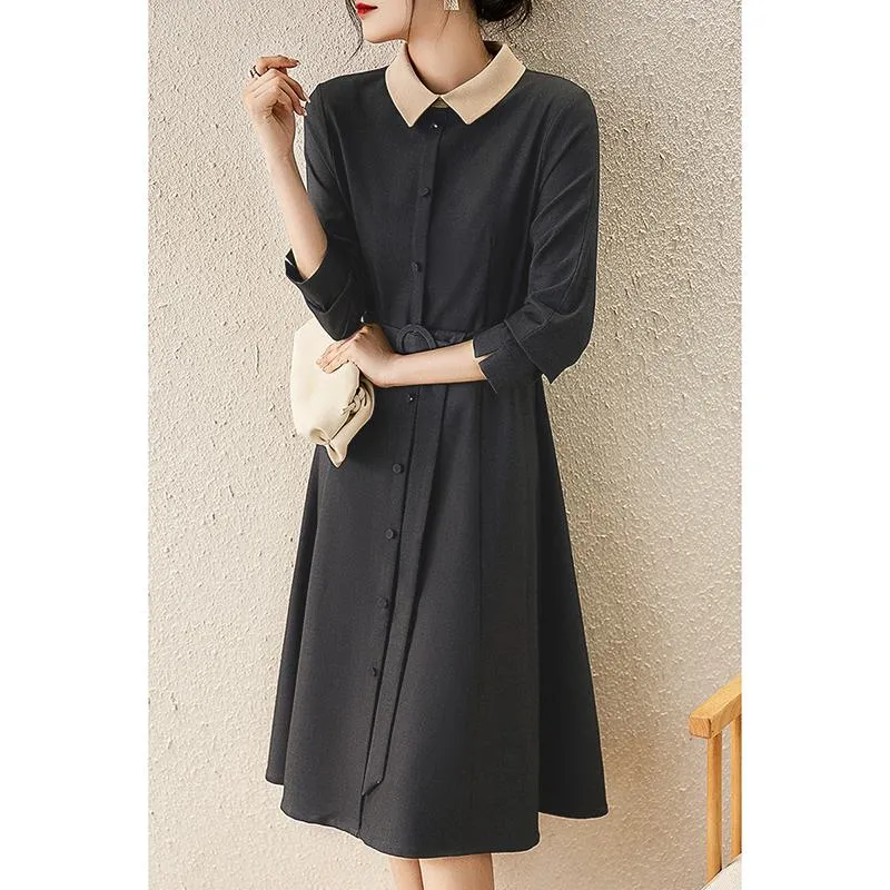 Collar Retro Color-Blocking Waist Belt A-Line Slimming Cinched Waist Dress