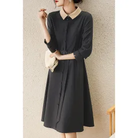 Collar Retro Color-Blocking Waist Belt A-Line Slimming Cinched Waist Dress