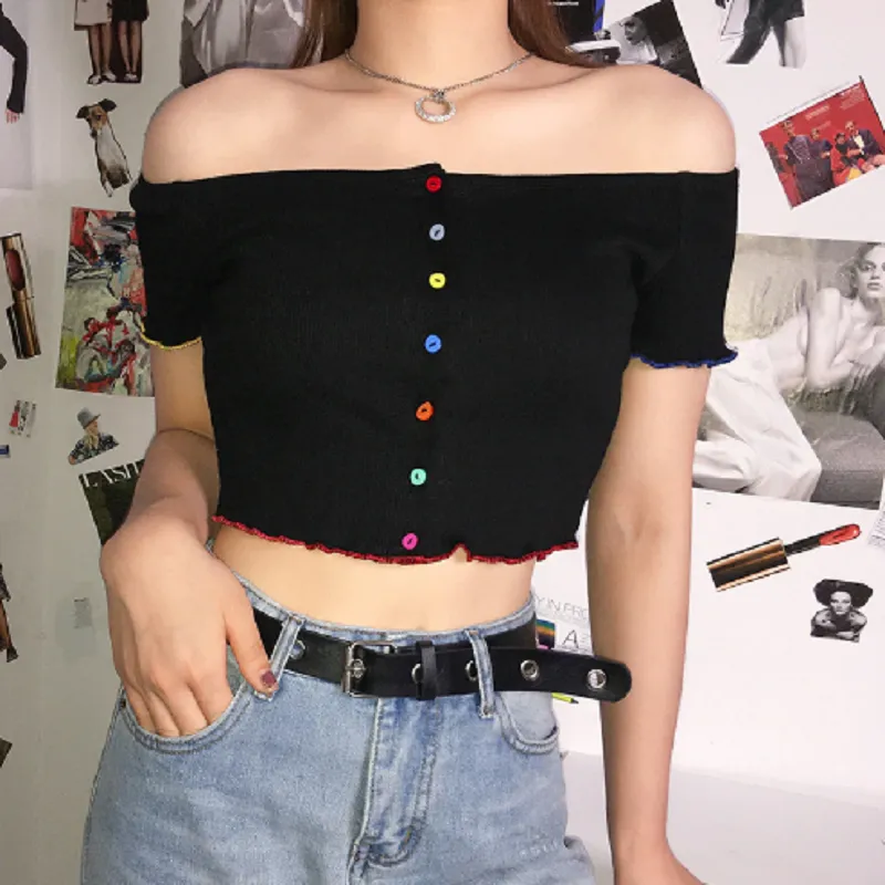 Colorful Button Off Shoulder Summer Tops