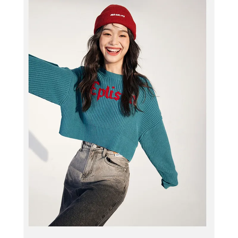 Cropped Casual Knitted Loose Fit Low Waist Letter Sweater