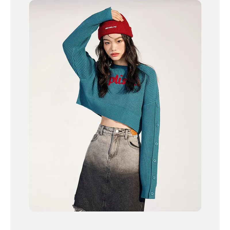 Cropped Casual Knitted Loose Fit Low Waist Letter Sweater