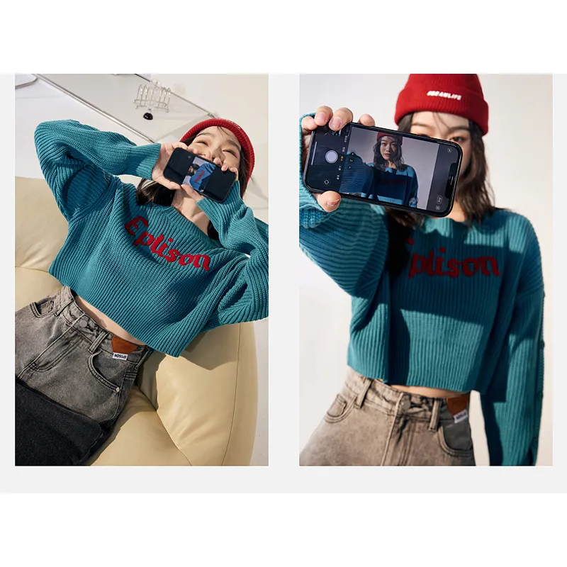 Cropped Casual Knitted Loose Fit Low Waist Letter Sweater