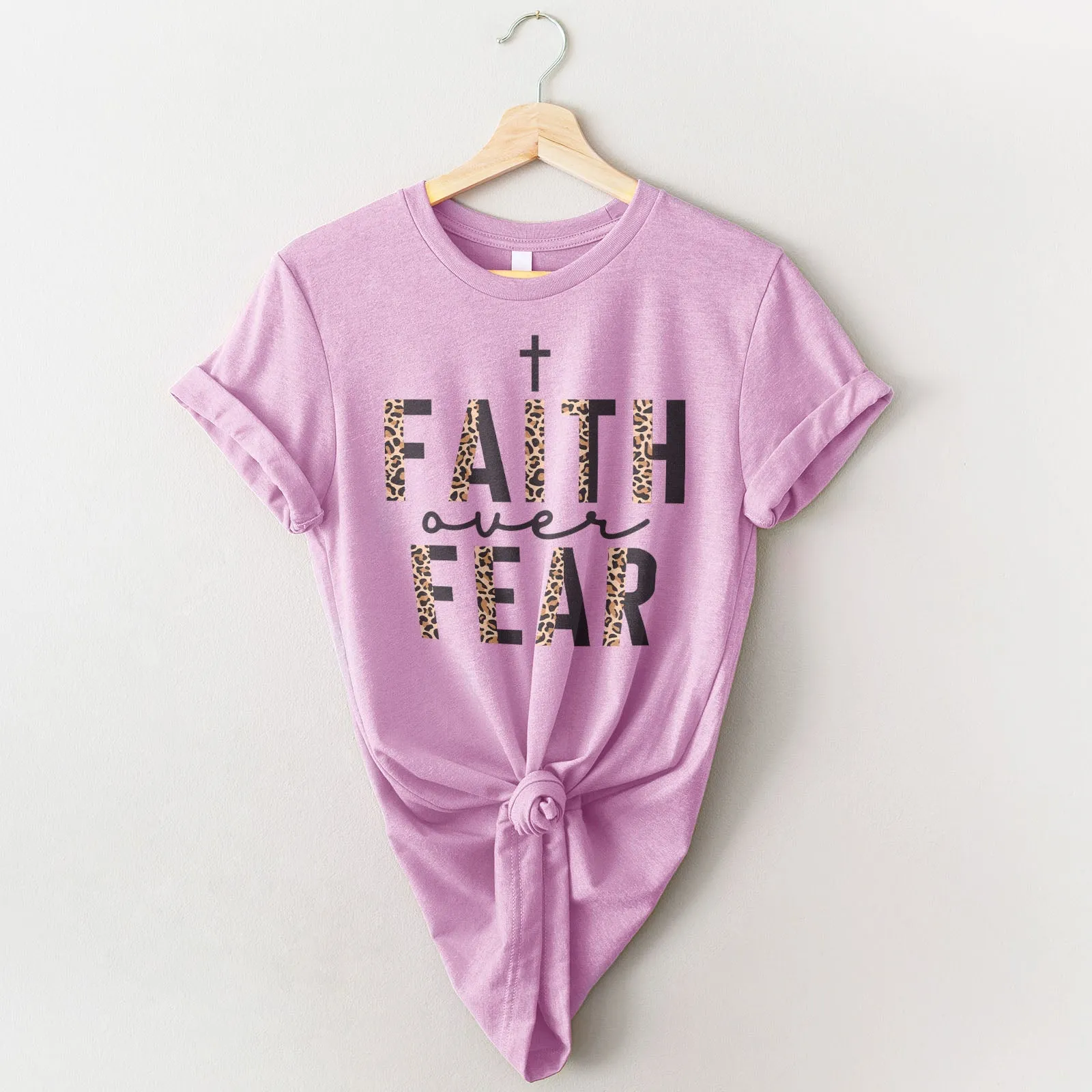 Faith Over Fear Half Leopard Black Tee Shirts For Women - Christian Shirts for Women - Religious Tee Shirts