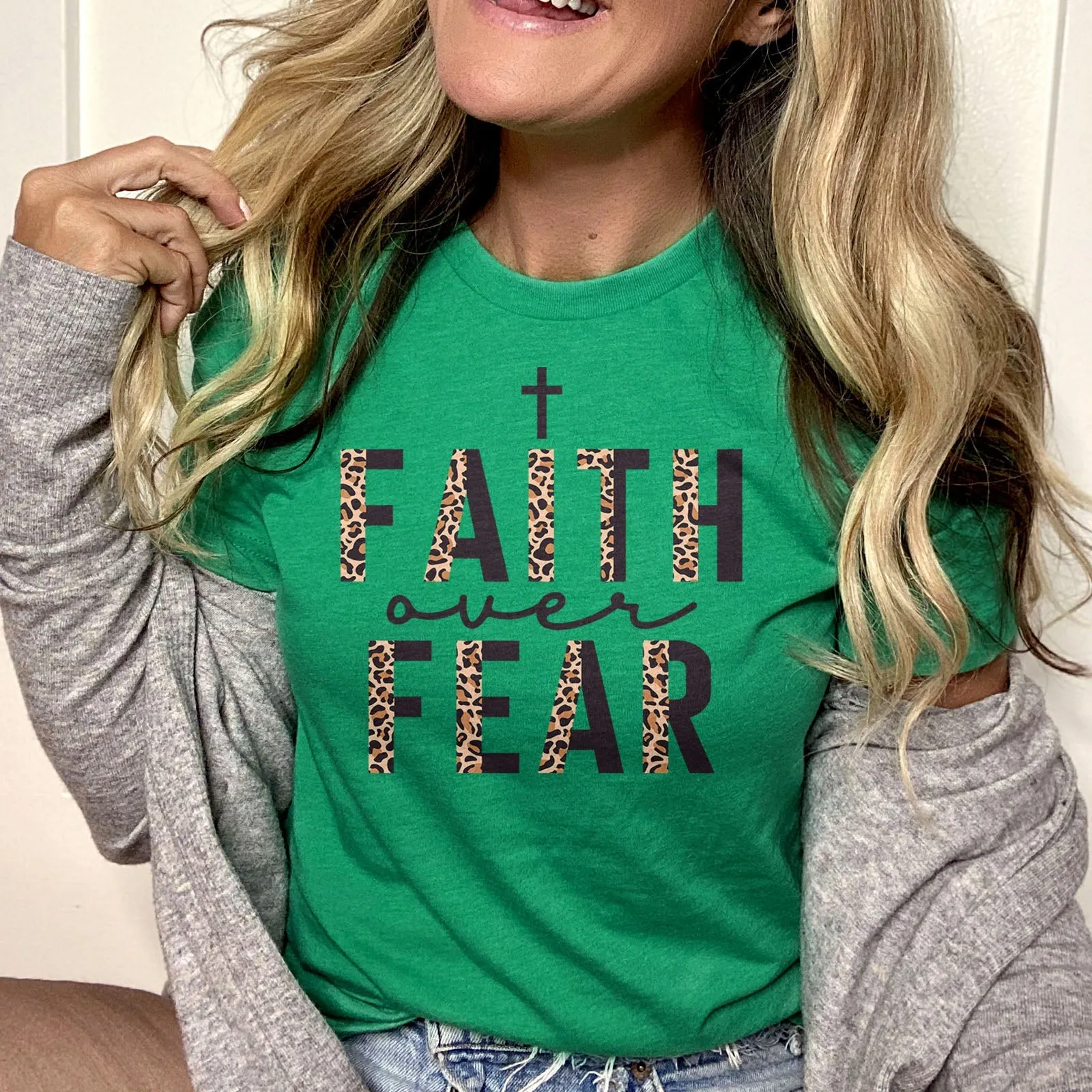 Faith Over Fear Half Leopard Black Tee Shirts For Women - Christian Shirts for Women - Religious Tee Shirts