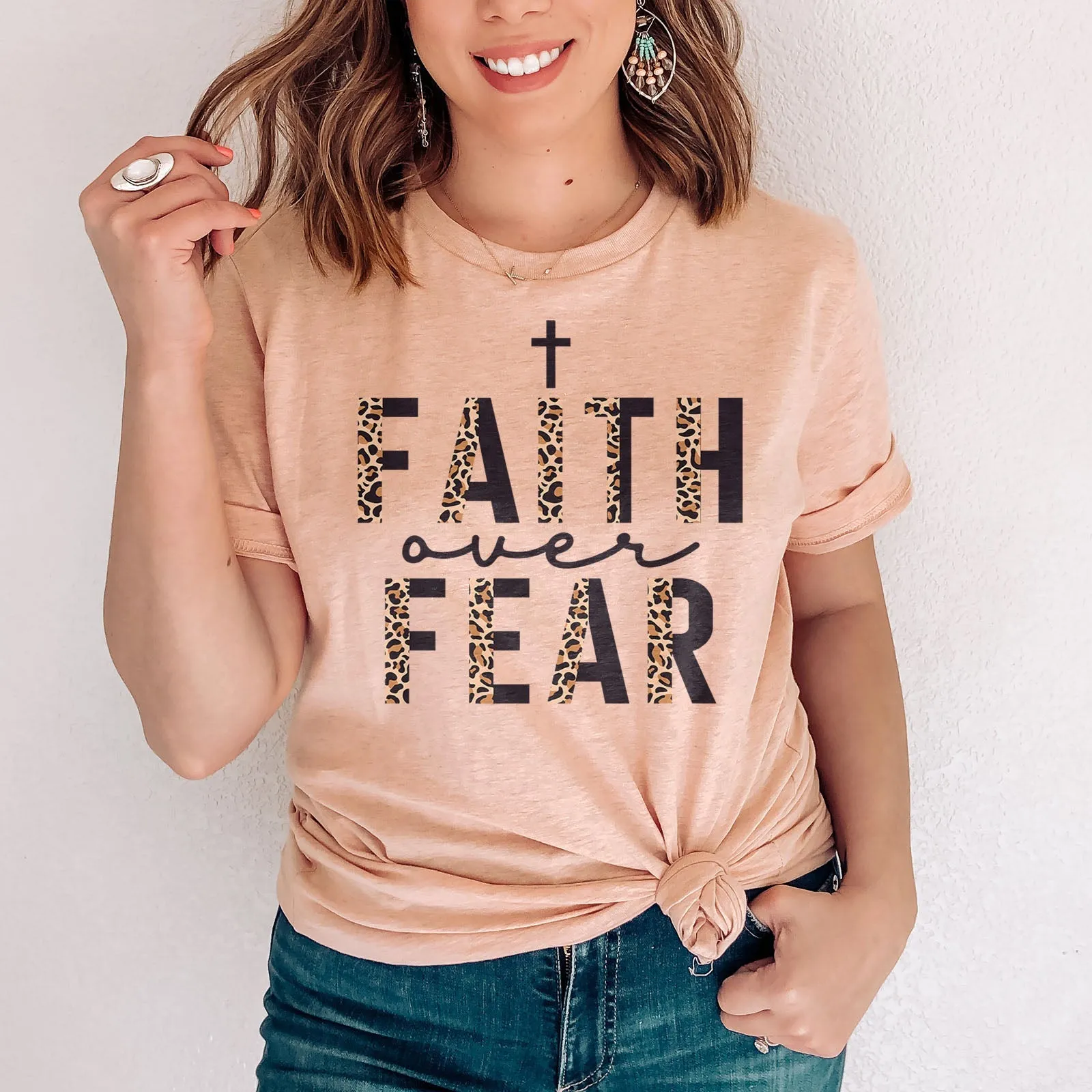 Faith Over Fear Half Leopard Black Tee Shirts For Women - Christian Shirts for Women - Religious Tee Shirts