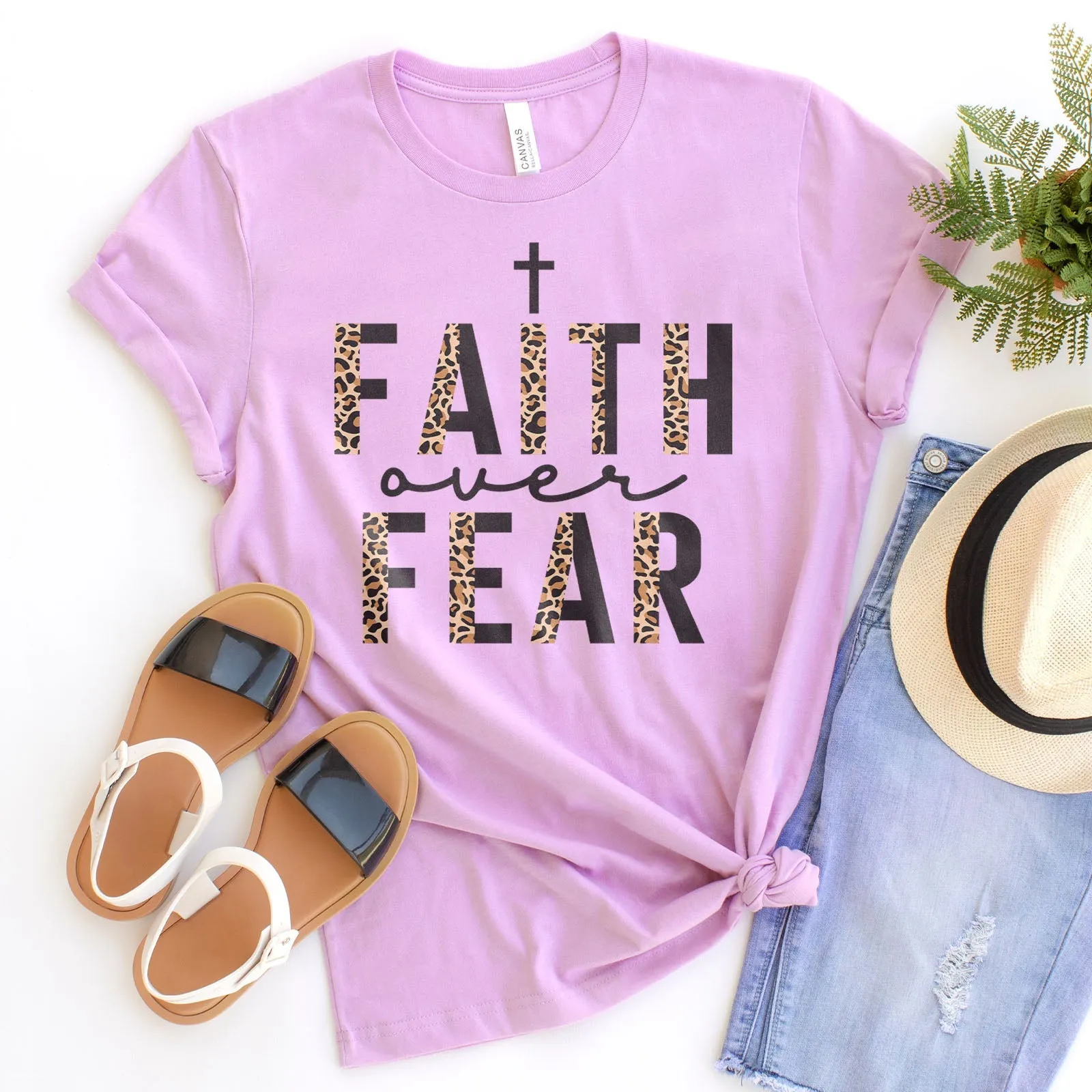 Faith Over Fear Half Leopard Black Tee Shirts For Women - Christian Shirts for Women - Religious Tee Shirts