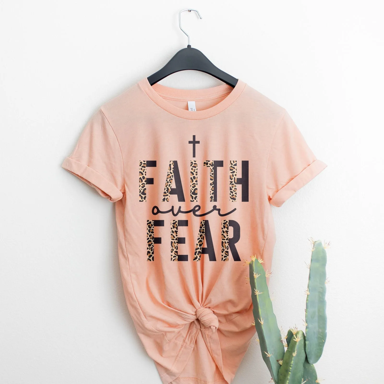 Faith Over Fear Half Leopard Black Tee Shirts For Women - Christian Shirts for Women - Religious Tee Shirts