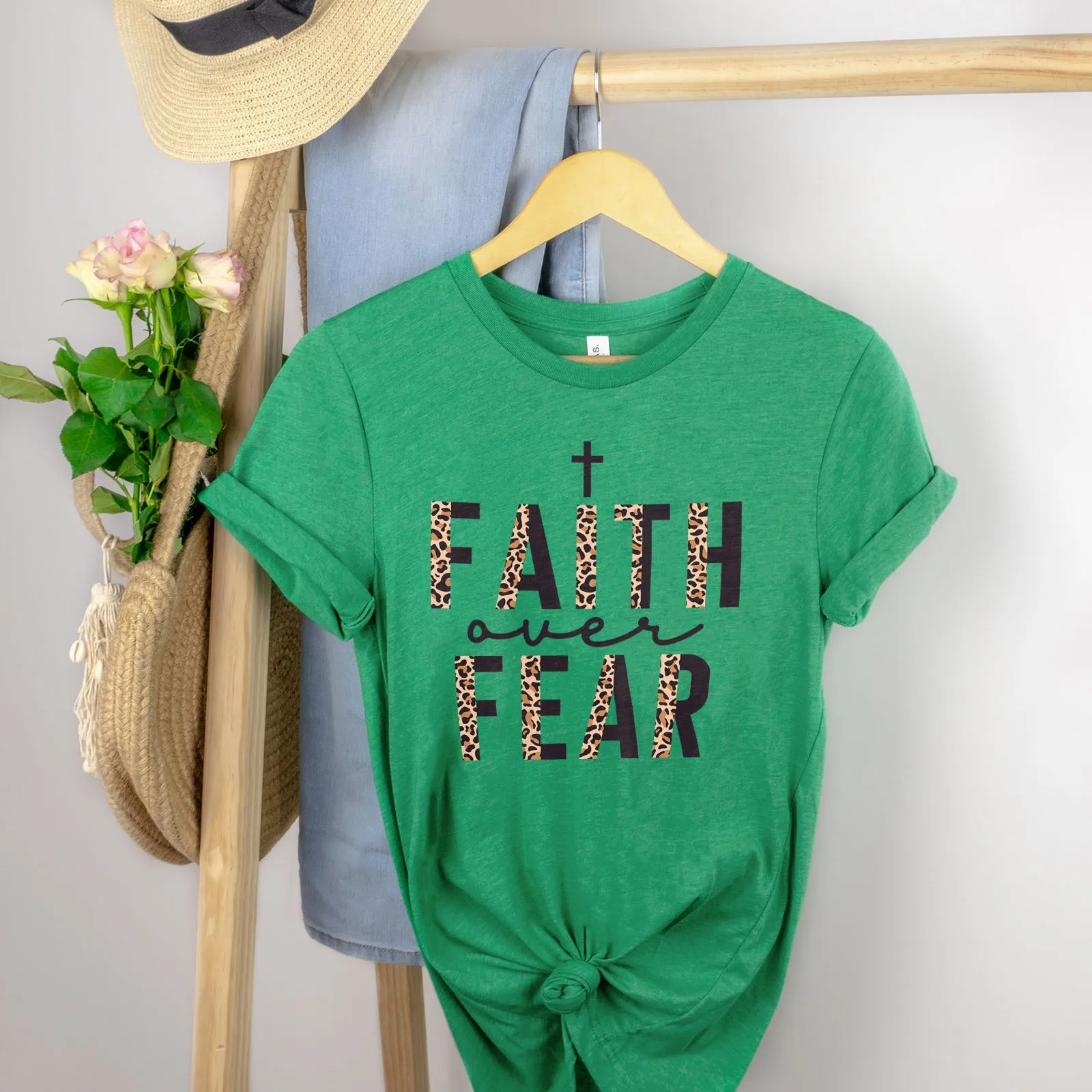 Faith Over Fear Half Leopard Black Tee Shirts For Women - Christian Shirts for Women - Religious Tee Shirts