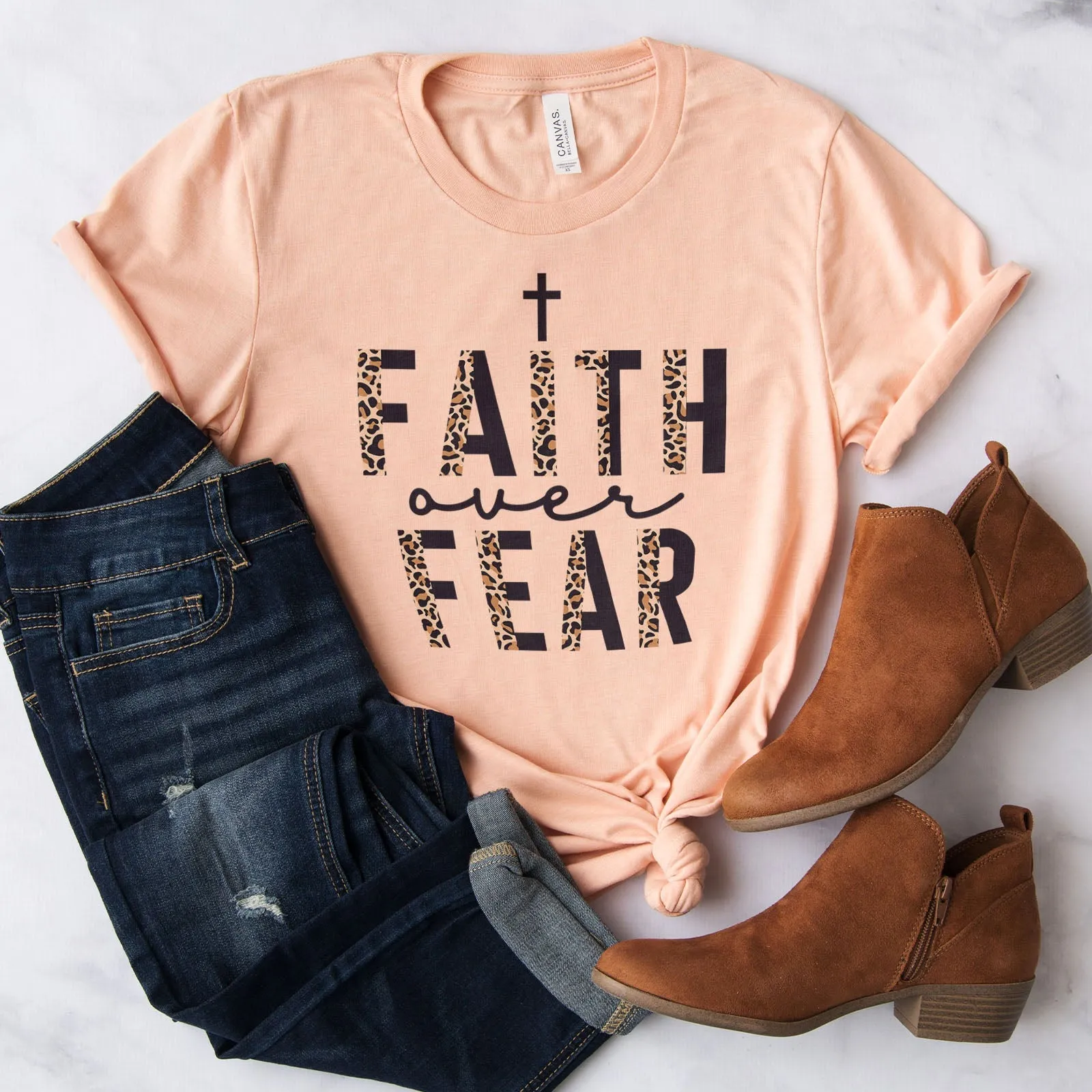 Faith Over Fear Half Leopard Black Tee Shirts For Women - Christian Shirts for Women - Religious Tee Shirts