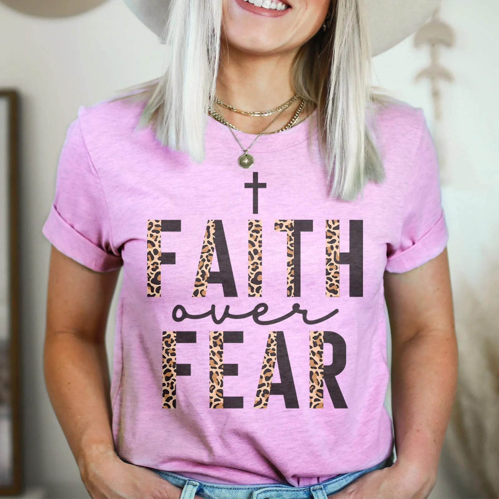 Faith Over Fear Half Leopard Black Tee Shirts For Women - Christian Shirts for Women - Religious Tee Shirts