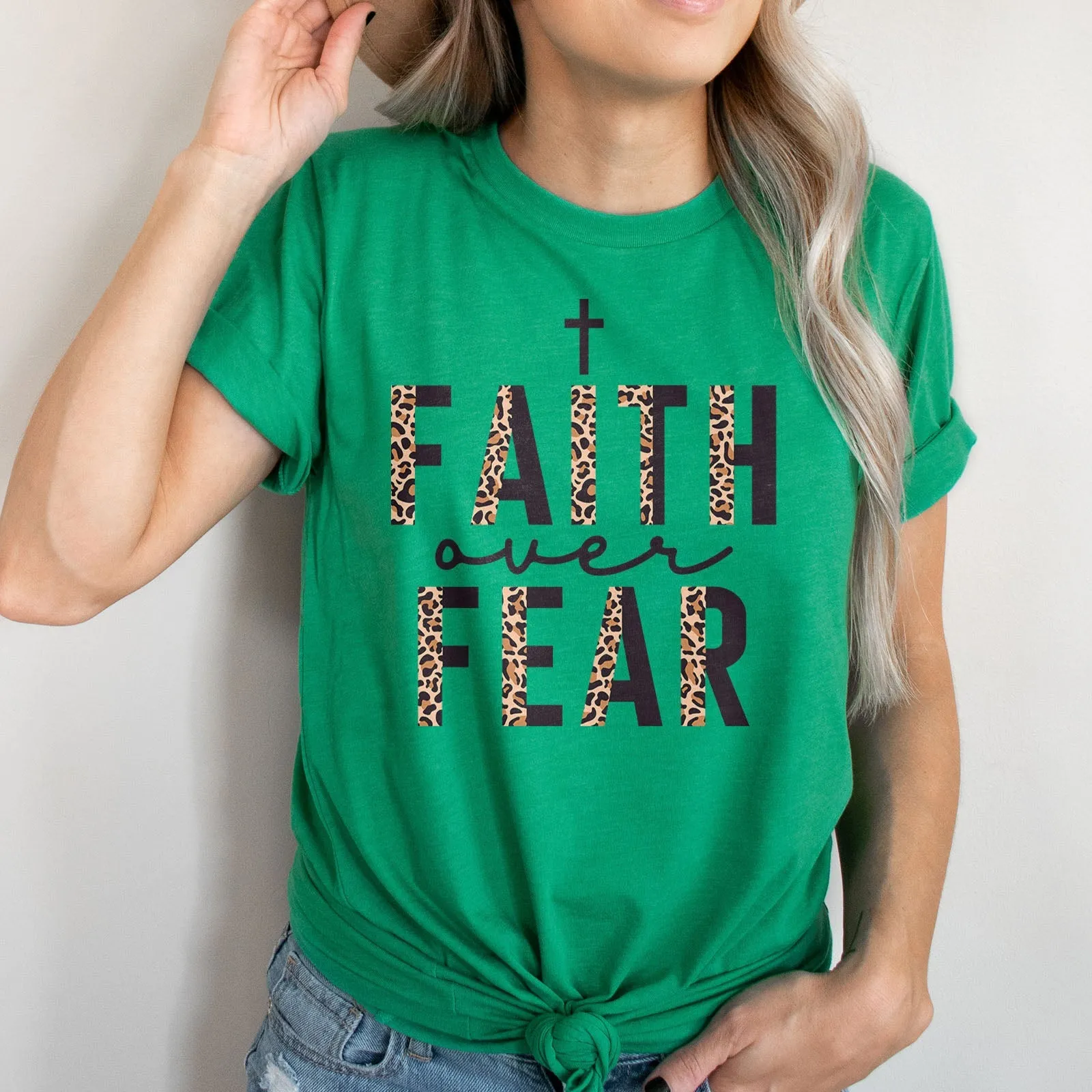 Faith Over Fear Half Leopard Black Tee Shirts For Women - Christian Shirts for Women - Religious Tee Shirts