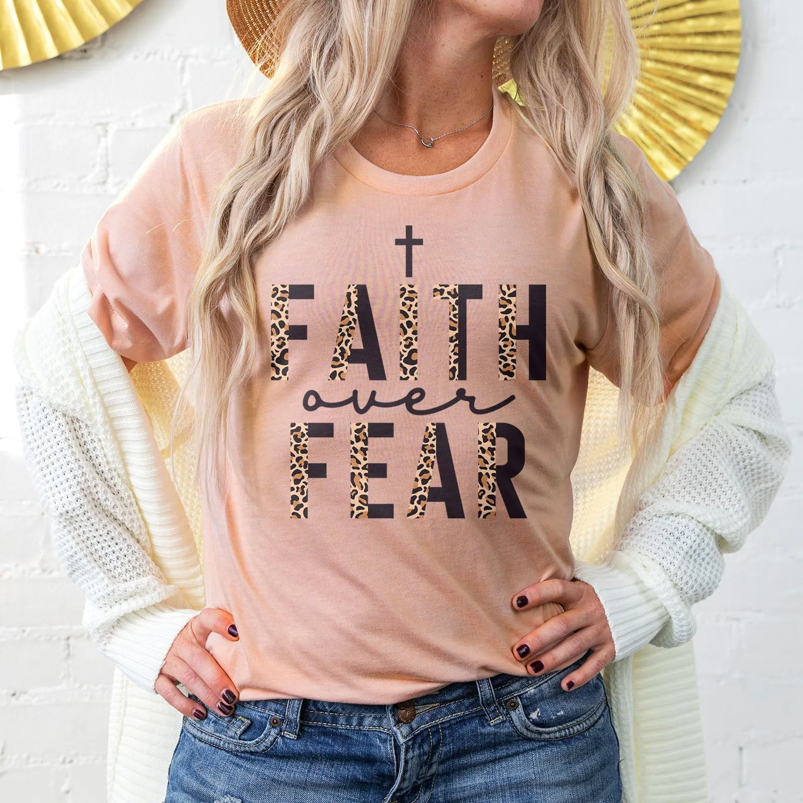 Faith Over Fear Half Leopard Black Tee Shirts For Women - Christian Shirts for Women - Religious Tee Shirts