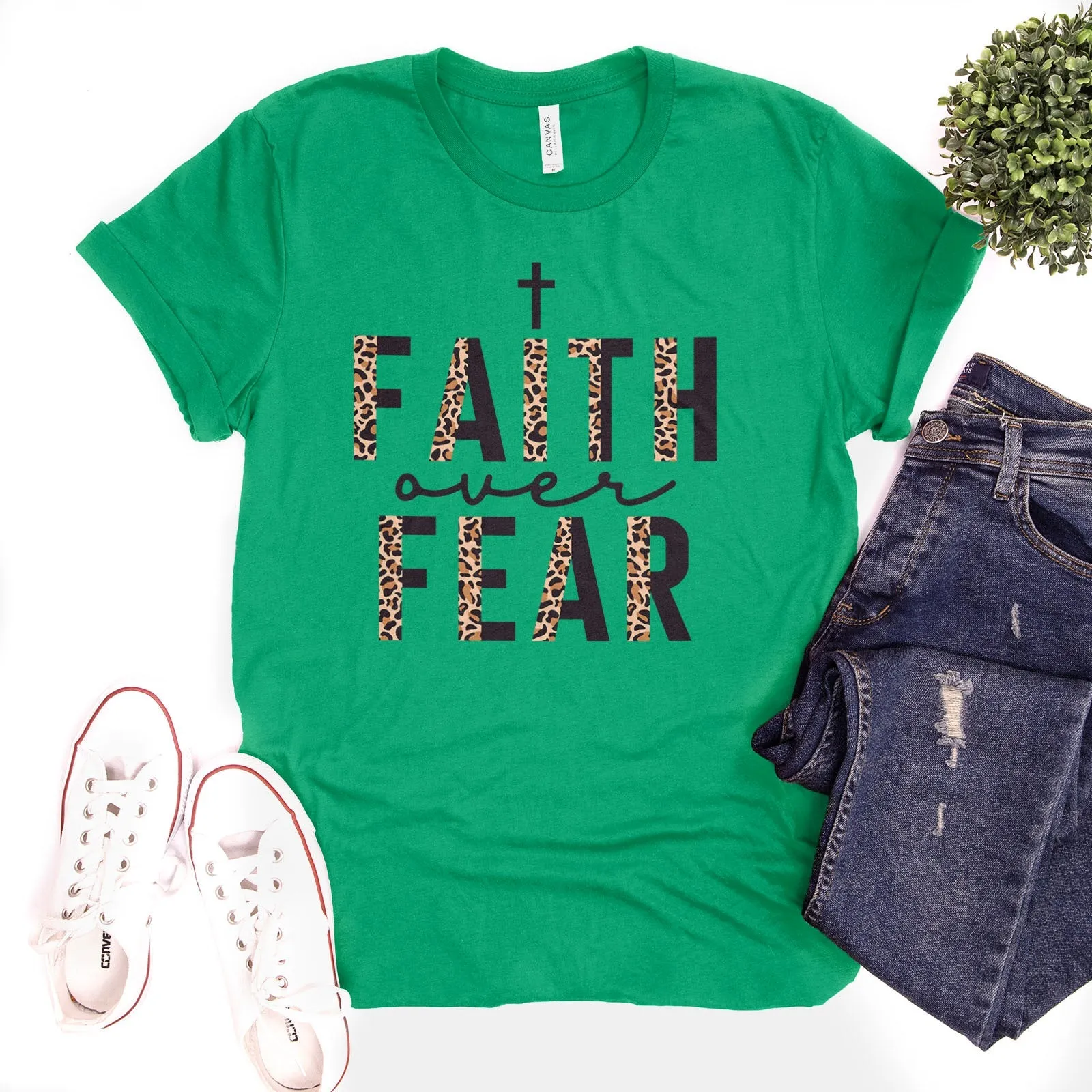 Faith Over Fear Half Leopard Black Tee Shirts For Women - Christian Shirts for Women - Religious Tee Shirts