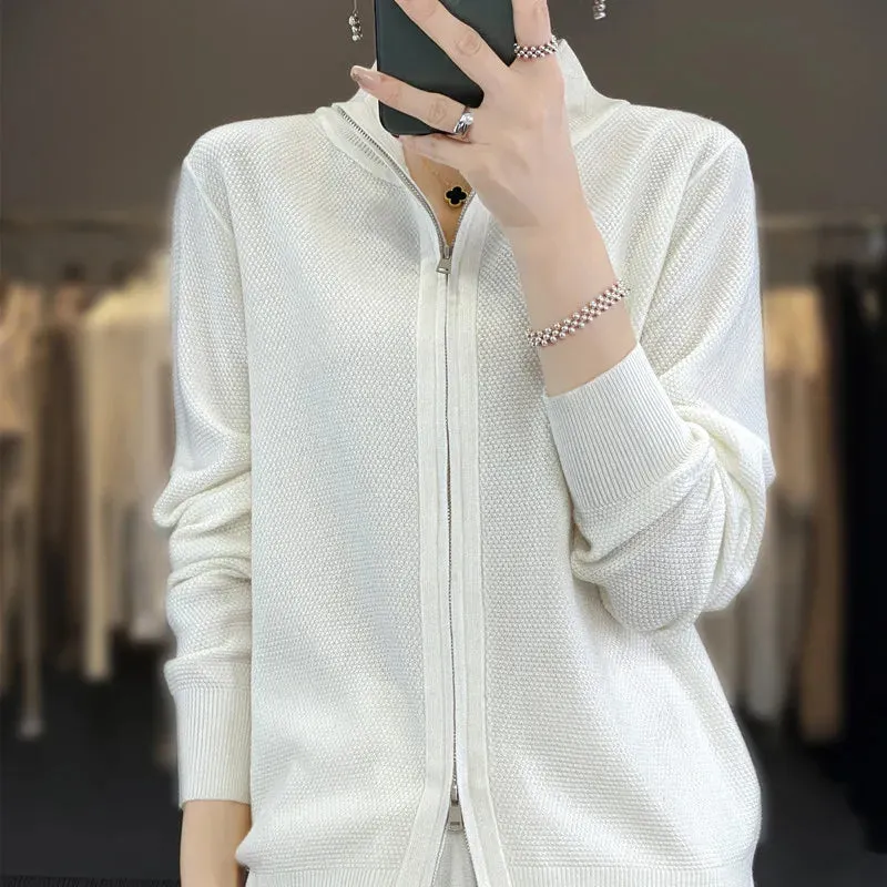 Fashionable Cozy Stylish Warm Elegant Pure Wool Long Sleeve Stand Collar Double Zipper Knit Sweater