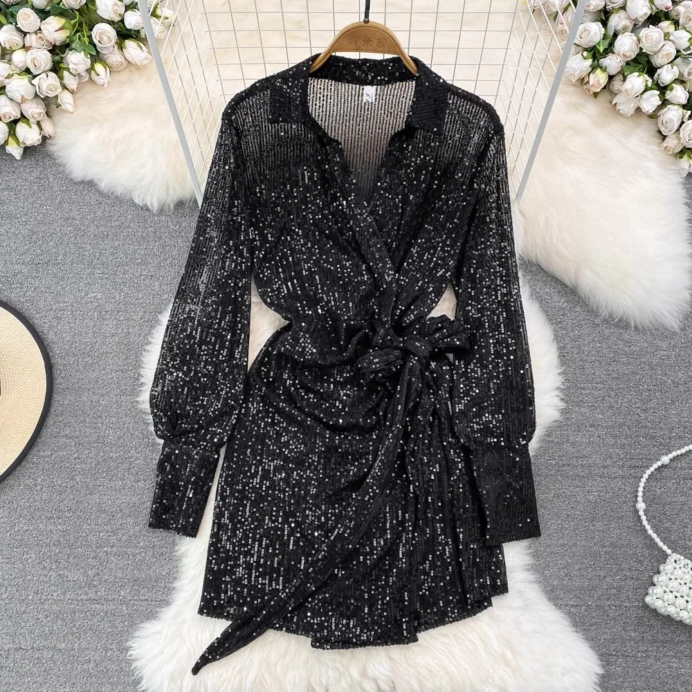 fashionable long-sleeved sequined V-neck A-line dress       S3960