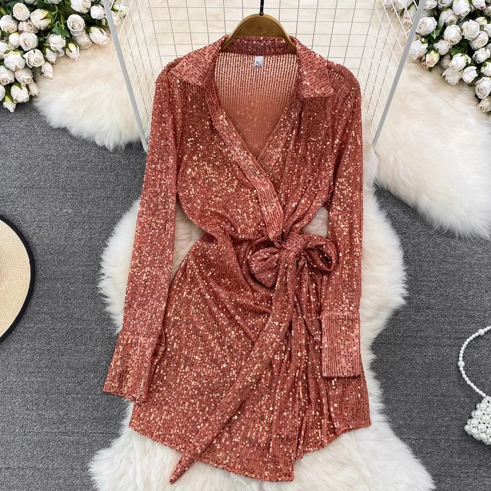 fashionable long-sleeved sequined V-neck A-line dress       S3960