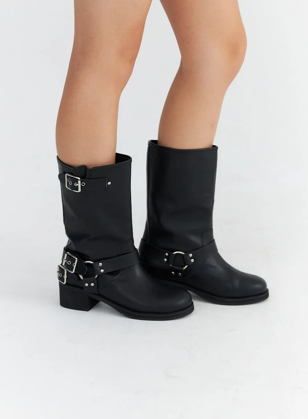 Faux Leather Studded Buckle Boots CO313