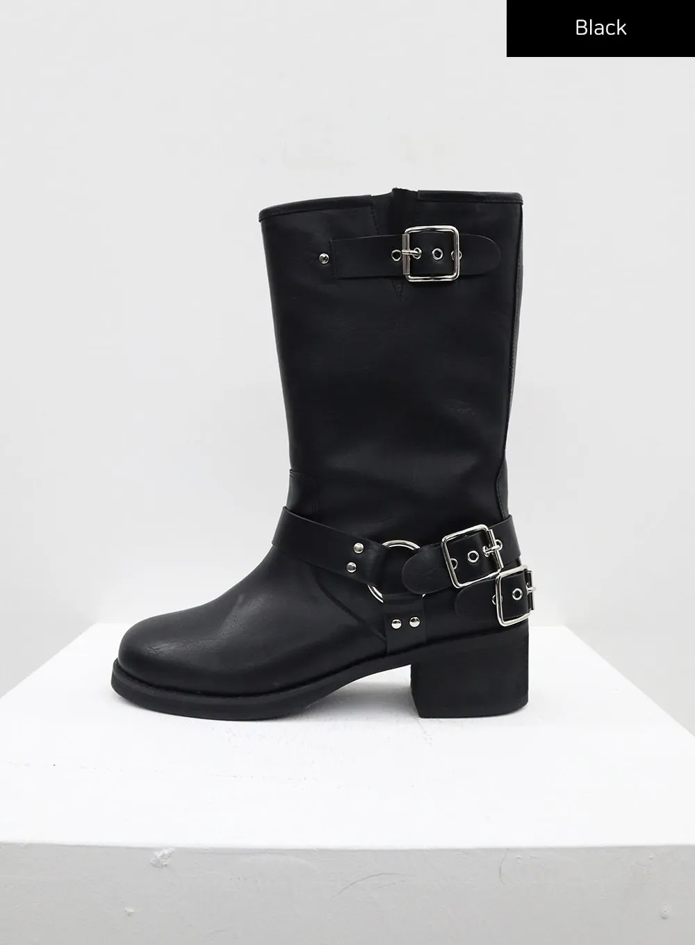 Faux Leather Studded Buckle Boots CO313